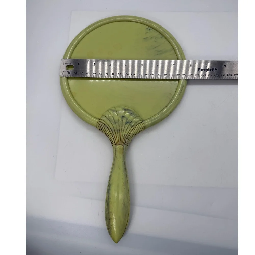 Vintage Art Deco Style Marbled Lime Green Shell Hand Mirror Vanity Accessory